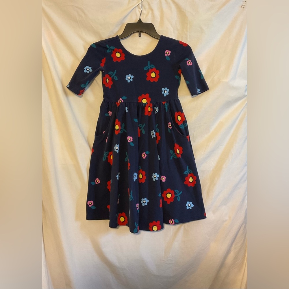 Hanna Andersson Girls 10 140cm Navy Blue Flower Short Sleeve Skater Dress Pocket